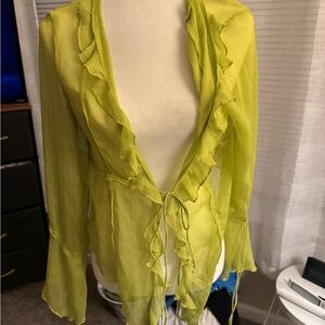 Women's Sheer Ruffle Tie-Front Top - Lime Green